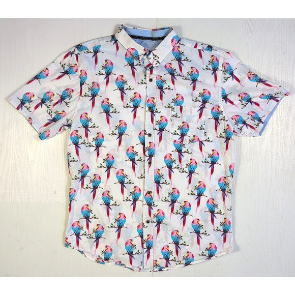 Craft+Flow Voyage Shirt Men’s L White Tropical Parrot Print Button Front Casual - Picture 1 of 12